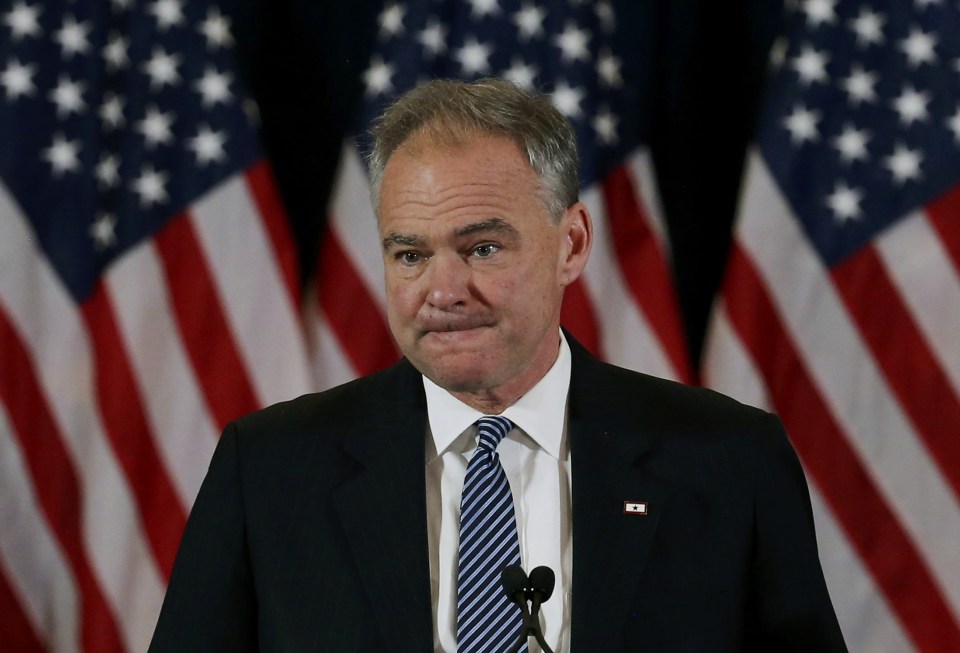  Senator Tim Kaine seemed tearful as he spoke before Clinton this afternoon and paid tribute to her as a "history maker"