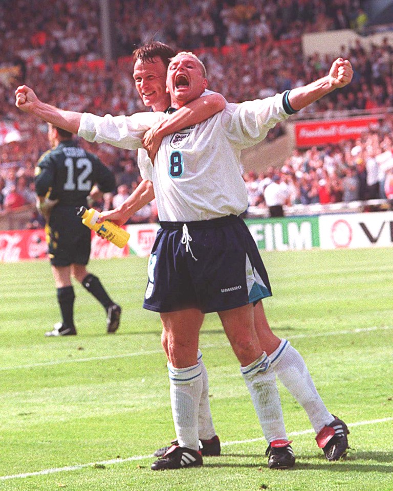  Paul Gascoigne celebrates the goal with Teddy Sheringham