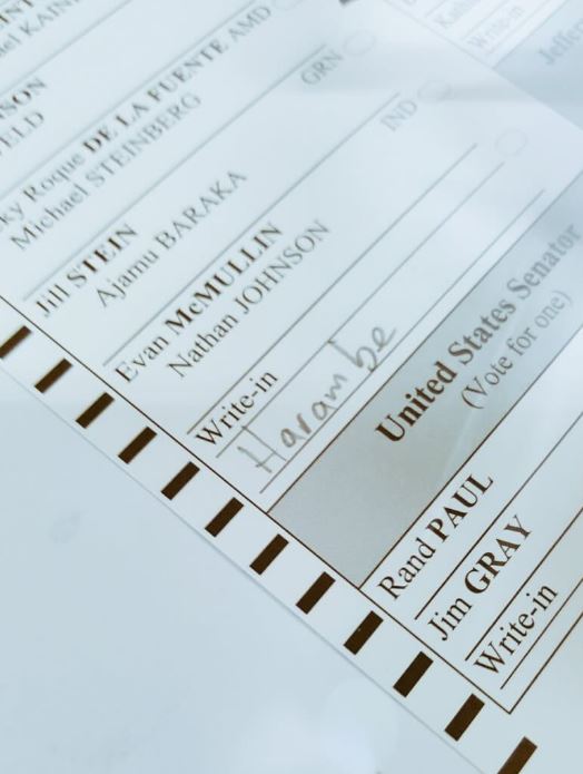  One user tweeted a picture of their spoiled election ballot featuring the name of dead gorilla Harambe