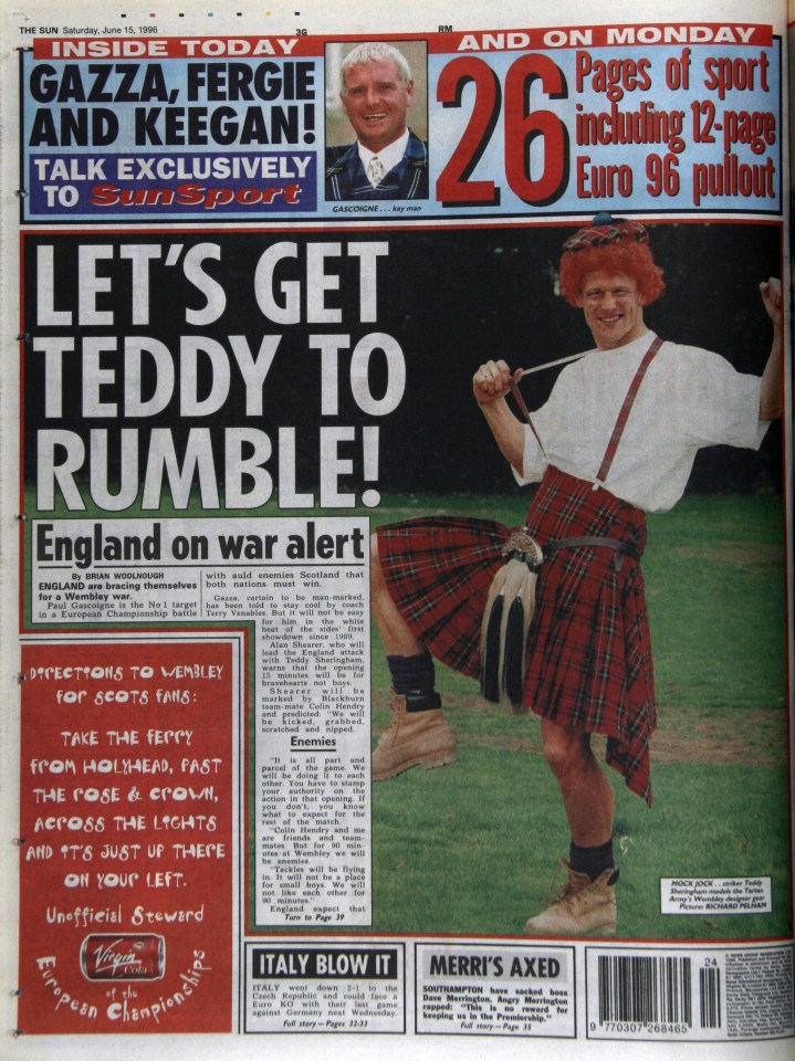  The Sun's backpage previewing the game, with Teddy Sheringham in a kilt