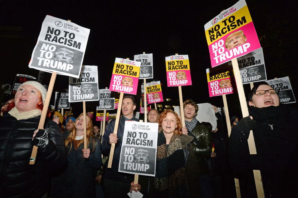  Anti-racism protestors took part in a demonstration denouncing Donald Trump outside the US embassy in London last night