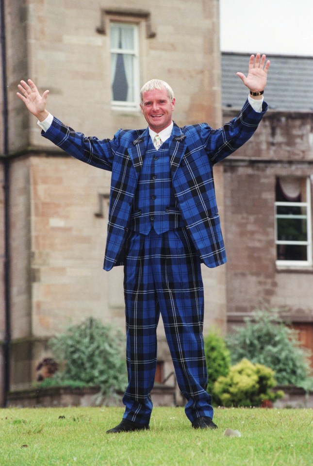  Paul Gascoigne pictured in the build-up to the game in that Tartan suit