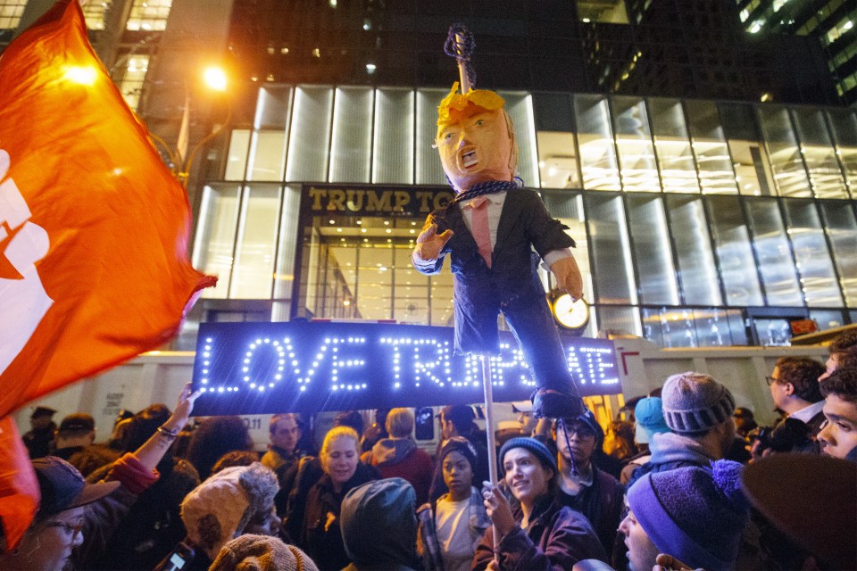  Stop Trump . . . crowd hangs effigy of tycoon at New York’s Trump Tower