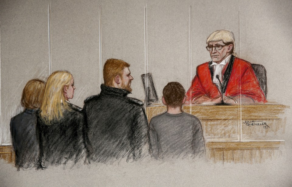  A court sketch of the sentencing of a 15-year-old girl (L) and boy (R) who have both been sentenced to a minimum of 20 years in detention for murdering a mother and daughter in their beds as they slept