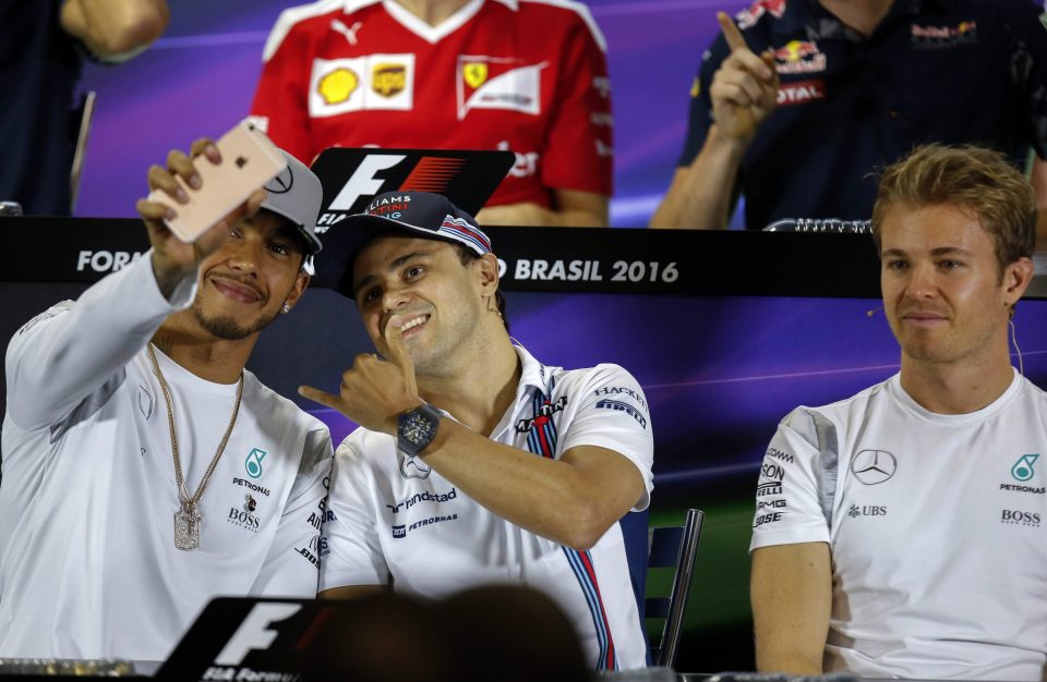  Lewis Hamilton, Felipe Massa and Nico Rosberg unwind at a press conference