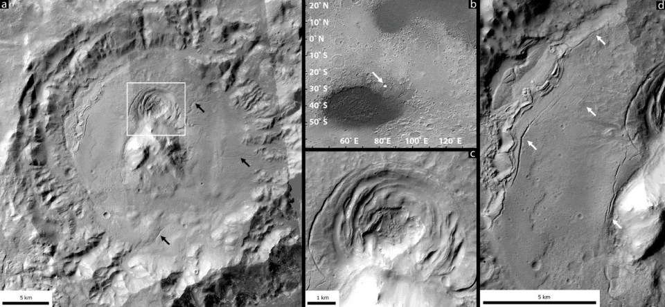  The Hellas depression is located inside a crater on the edge of the Hellas basin region of Mars