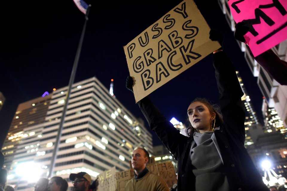  An anti-Trump protestor in Philadelphia, Pennsylvania, last night who believes Trump has a problem with women