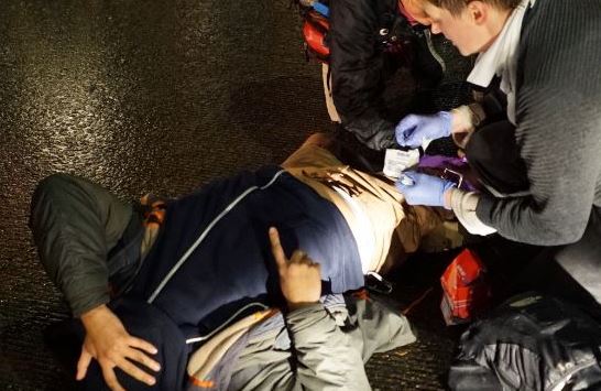  An anti-Trump protestor being treated last night after being shot in Portland, Oregon, last night