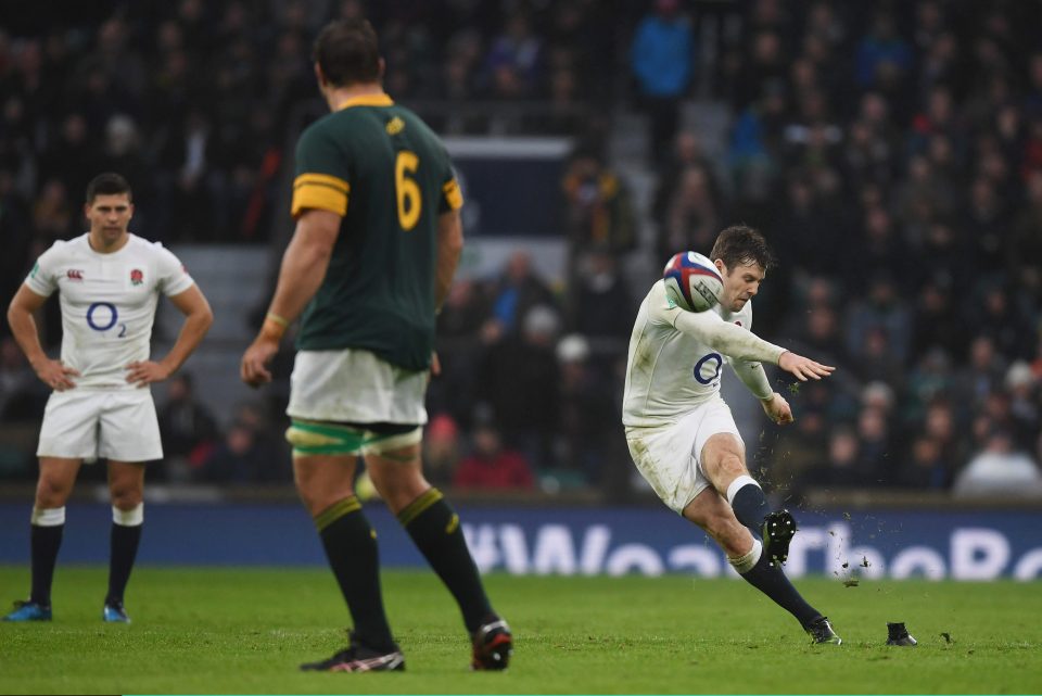  Elliot Daly of England kicks a penalty, as he and Farrell scored most of the points with the boot