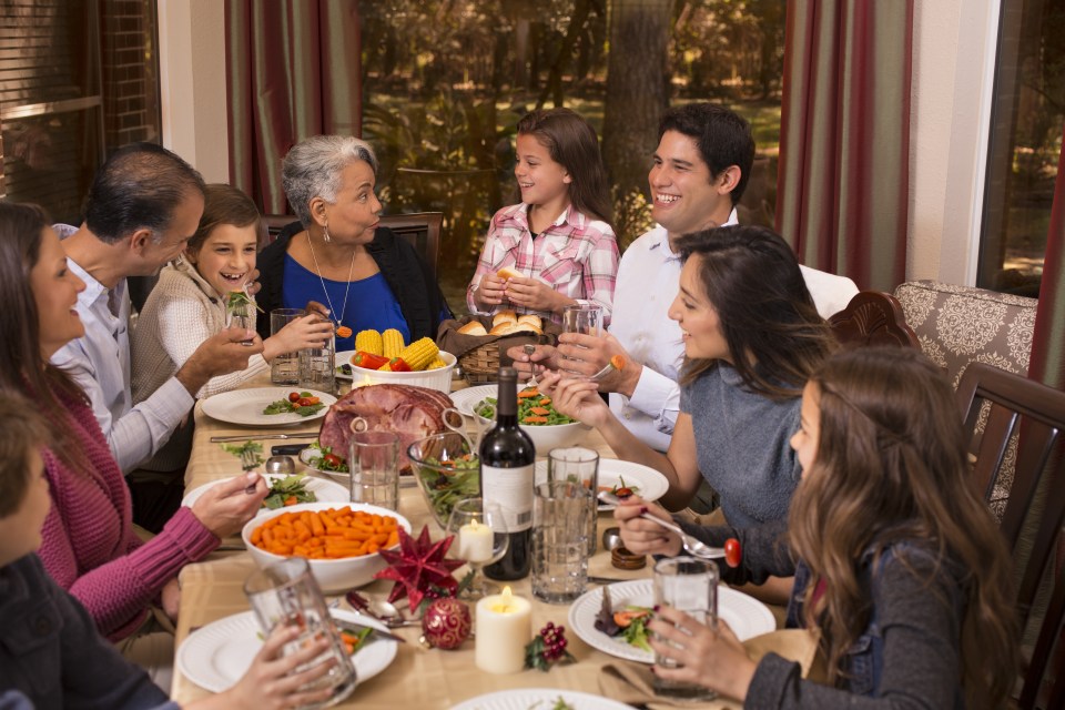 Multi-ethnic family enjoying Christmas dinner at grandmother's home.