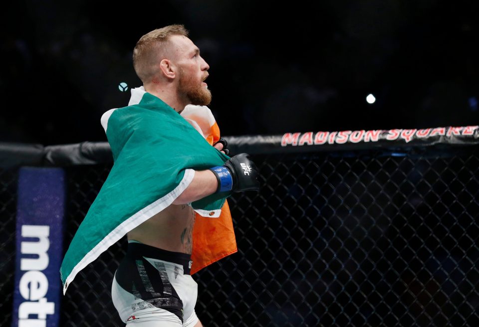  Conor McGregor celebrates after defeating Eddie Alvarez by second round TKO following their lightweight title bout at UFC 205 in Madison Square Garden.