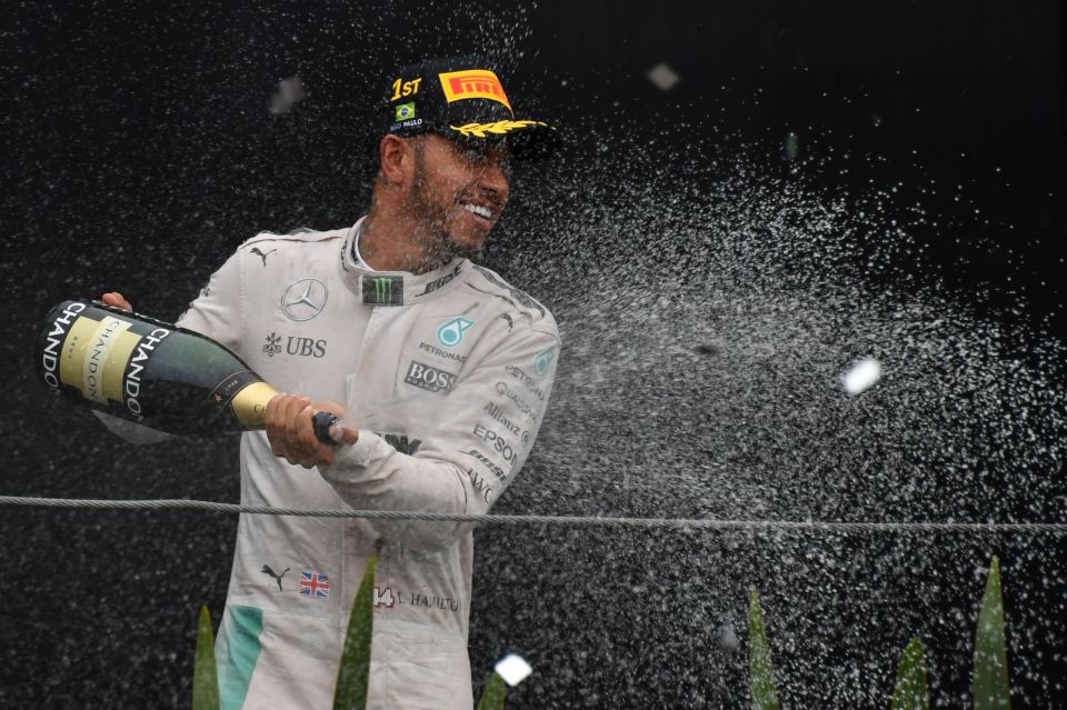  Lewis Hamilton celebrates victory at the Brazilian Grand Prix