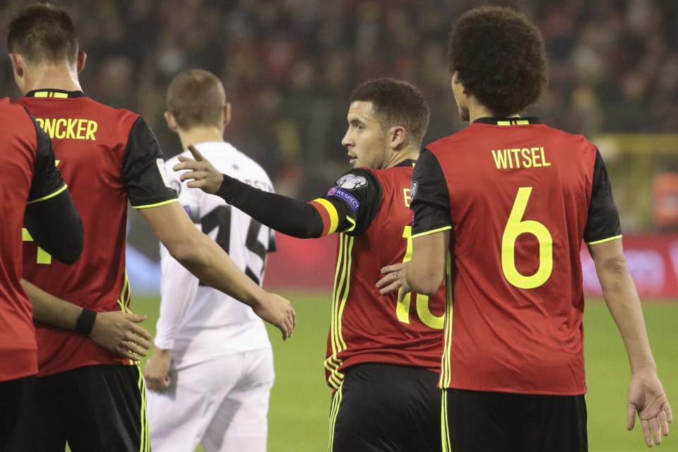  Hazard celebrates netting Belgium's third goal in Brussels