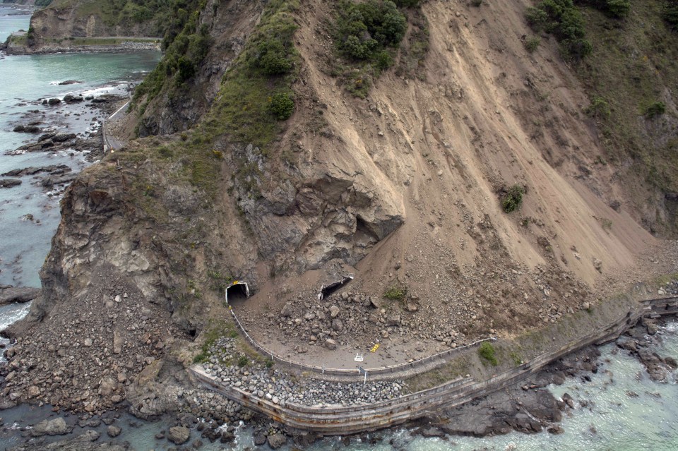  The aerial photo shows the damage to a state highway near Kaikoura