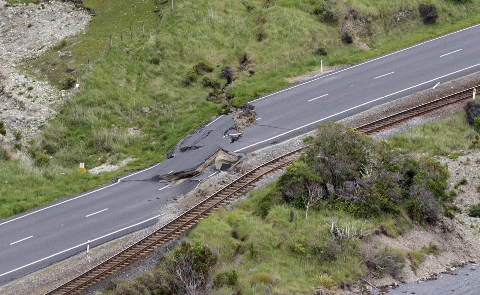  Earthquake damage on State Highway One and the main railway line north of Kaikoura