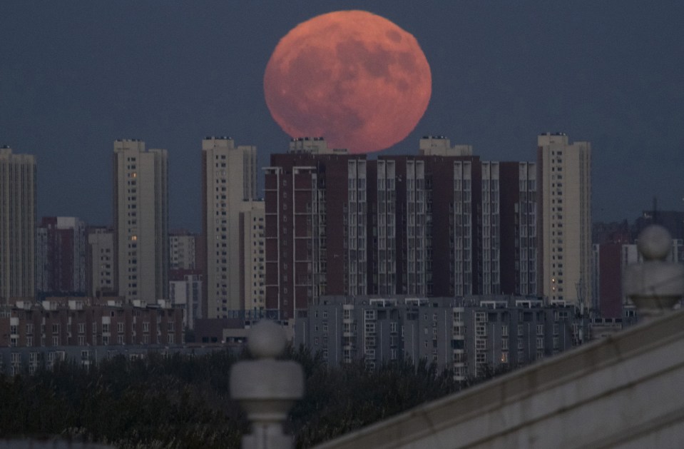  The rare blood moon phenomenon was on show in Beijing as the moon rose low over the skyline in Beijing