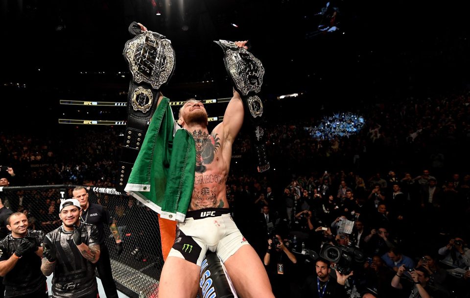  Conor McGregor celebrates his knock-out victory over Eddie Alvarez