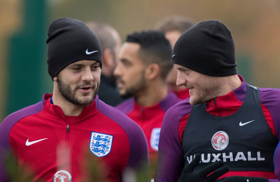  Jack Wilshere and Jamie Vardy share a laugh in England training