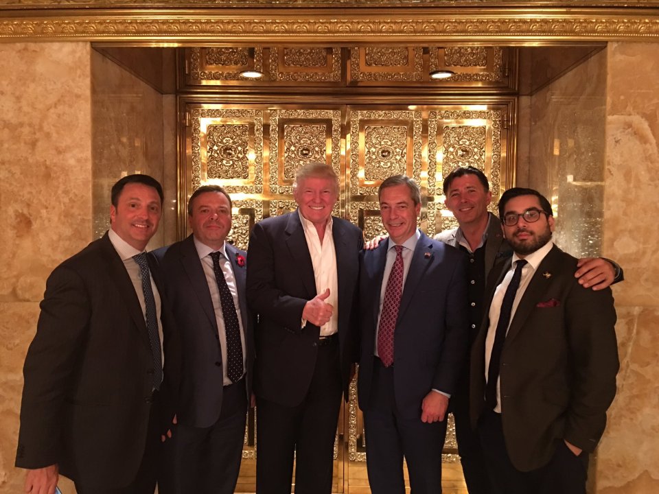  Trump and Farage pose with other leading Brexiteers Gerry Gunster, Arron Banks, Andy Wigmore and Raheem Kassam at Trump Tower