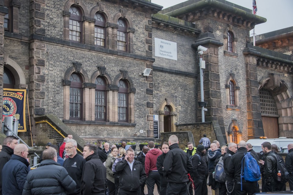 Prison officers hold a meeting outside Wandsworth Prison