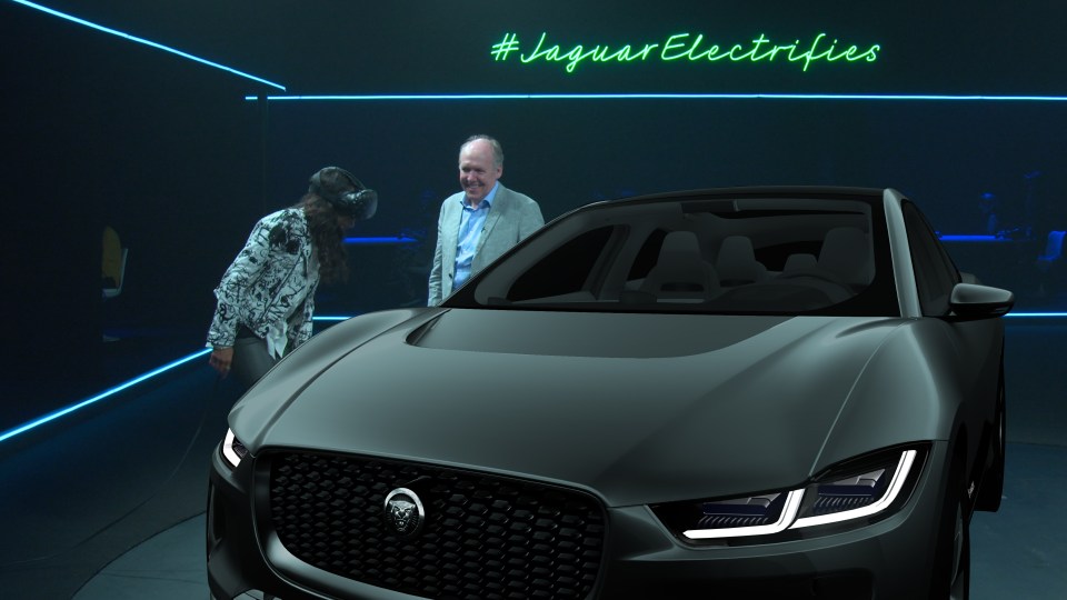  US actress Michelle Rodriguez views the new Jaguar I-PACE concept car in virtual reality