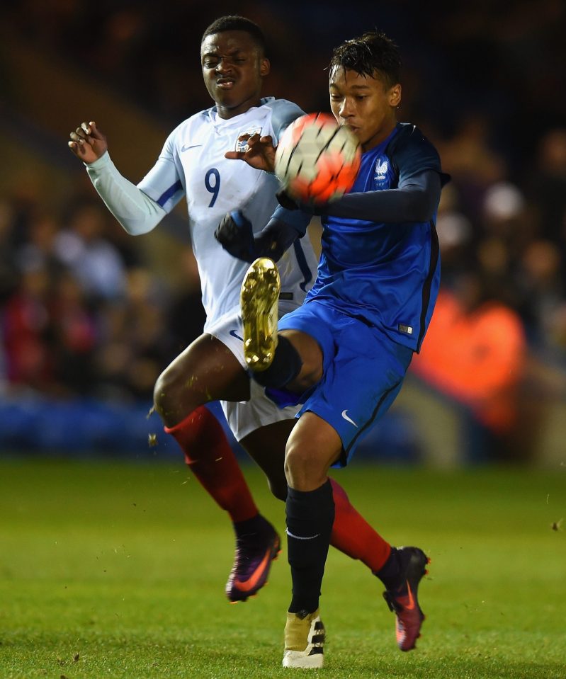  Boubacar Kamara faces England Under-18s' Niall Ennis earlier this month