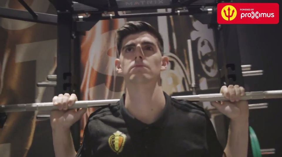  Thibaut Courtois of Chelsea benchpresses in the video