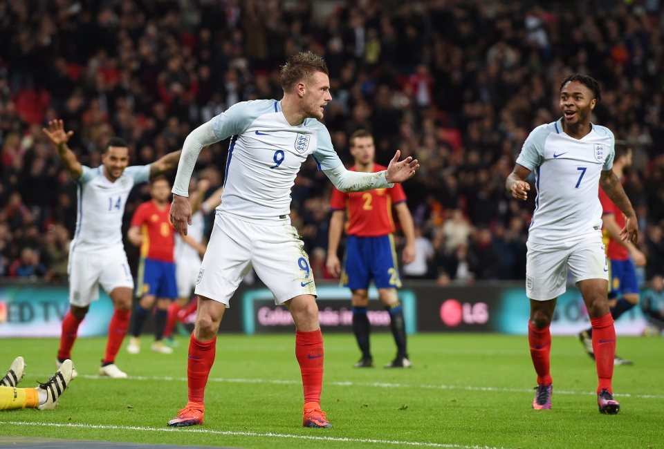  Jamie Vardy celebrates scoring England's second