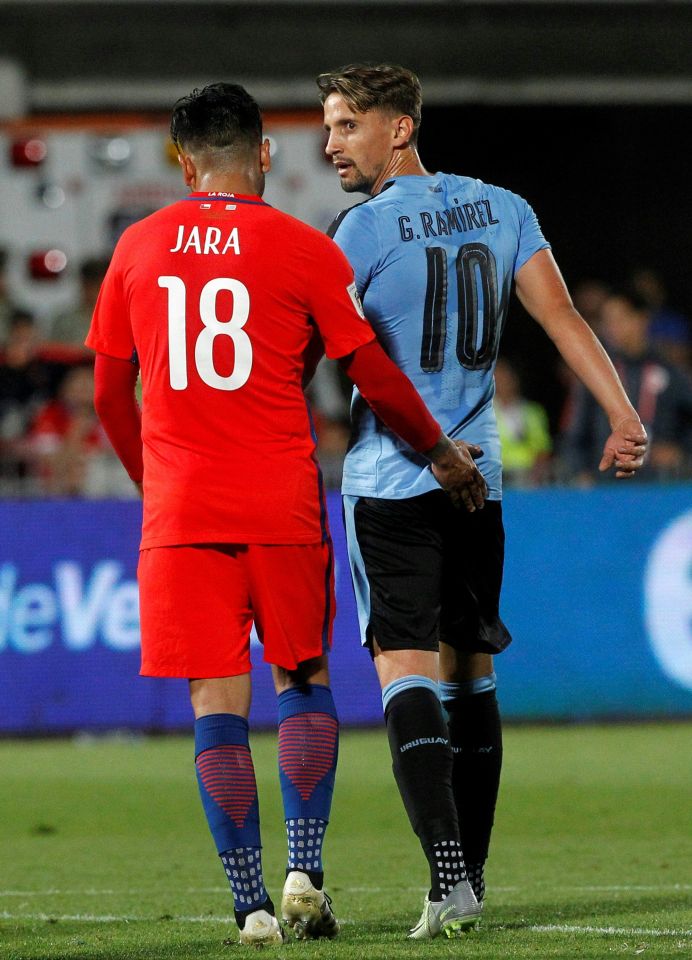  Chile's Gonzalo Jara (left) was also accussed of sticking his finger up the backside of Uruguay's Gaston Ramirez