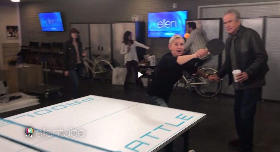  Ellen DeGeneres 'freezes' ping-pong game backstage on TV show