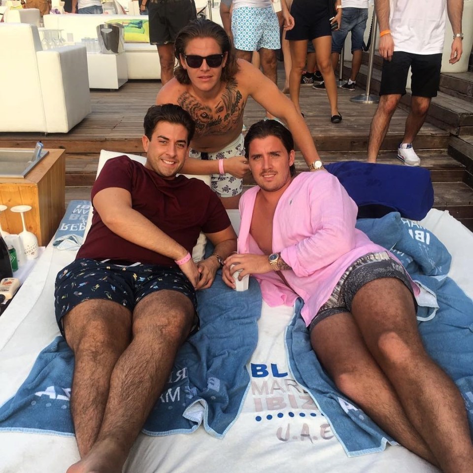  Sun revealed David Butlin, 22, and footballer Louis Harris, 24, (pink shirt) are accused of attacking Zara . . . they are pictured with Towie's Arg (far left) in Dubai