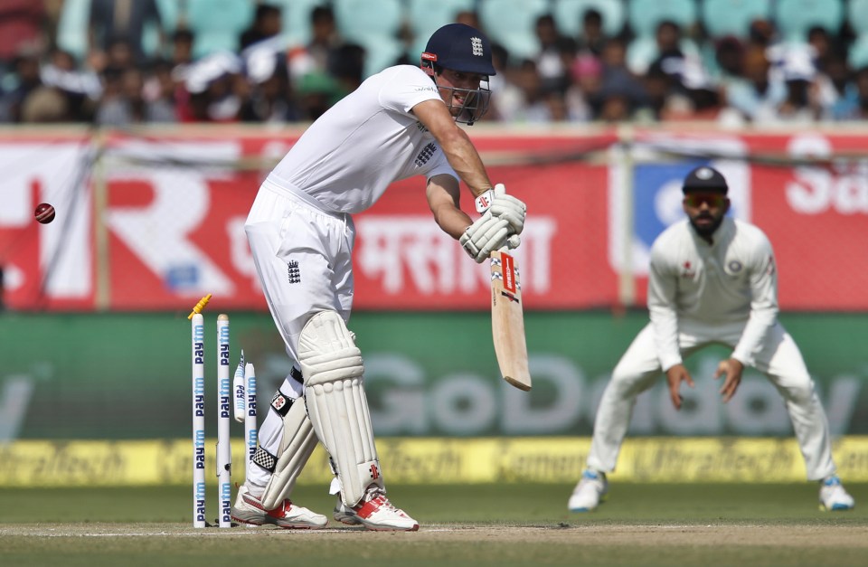  England skipper Alastair Cook has his stump shattered with just two runs to his name