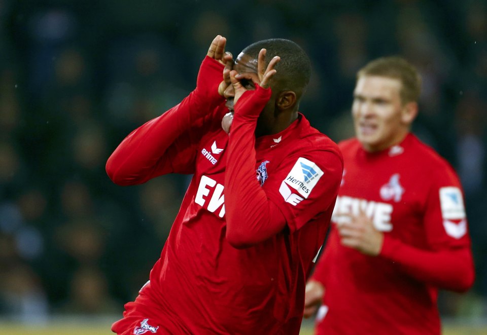 Football Soccer - Borussia Moenchengladbach v FC Cologne - German Bundesliga - Borussia Park, Moenchengladbach, Germany - 19/11/16 - Cologne's Anthony Modeste celebrates after he scored against Moenchengladbach. REUTERS/Thilo Schmuelgen DFL RULES TO LIMIT THE ONLINE USAGE DURING MATCH TIME TO 15 PICTURES PER GAME. IMAGE SEQUENCES TO SIMULATE VIDEO IS NOT ALLOWED AT ANY TIME. FOR FURTHER QUERIES PLEASE CONTACT DFL DIRECTLY AT + 49 69 650050.