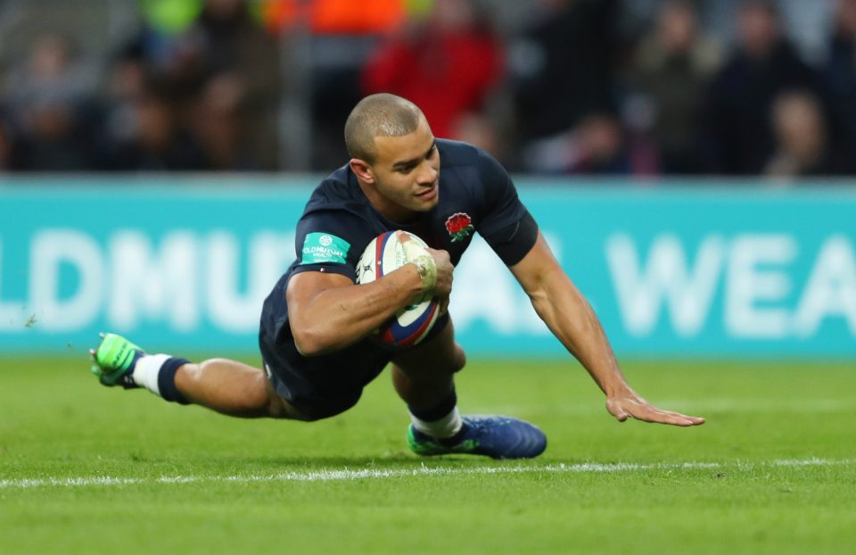  Jonathan Joseph of England dives to scores his team's seventh try