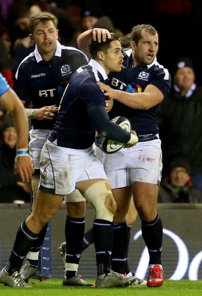  Sean Maitland celebrates notching a try as he helps Scotland to victory over Argentina