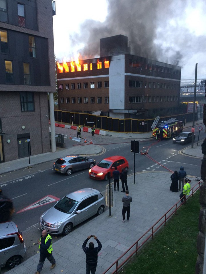  A huge blaze has broken out in an office block close to the Olympic Village in Stratford