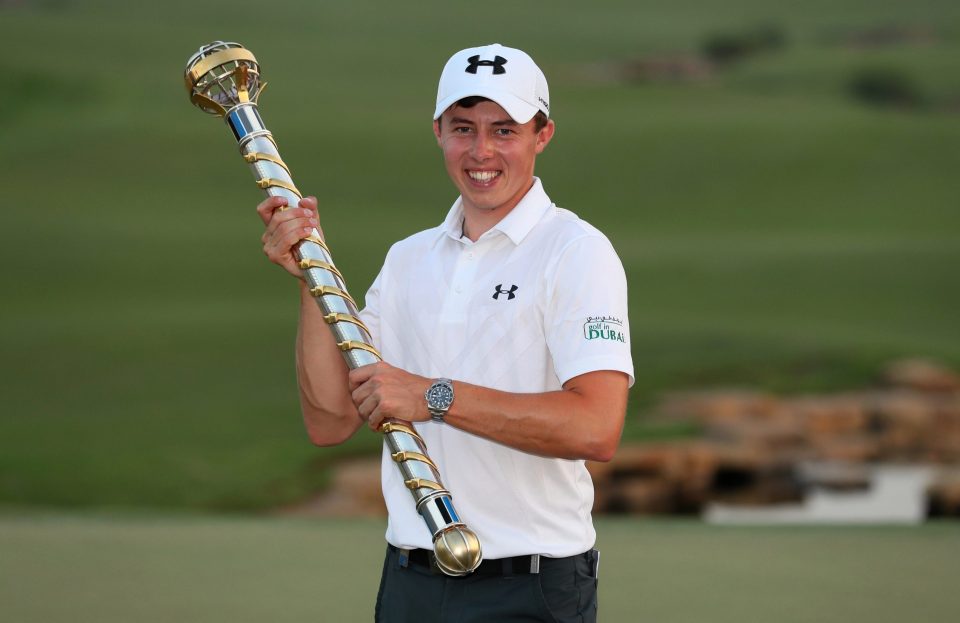 Matt Fitzpatrick of England poses with the trophy following his victory during day four of the DP World Tour Championship in Dubai