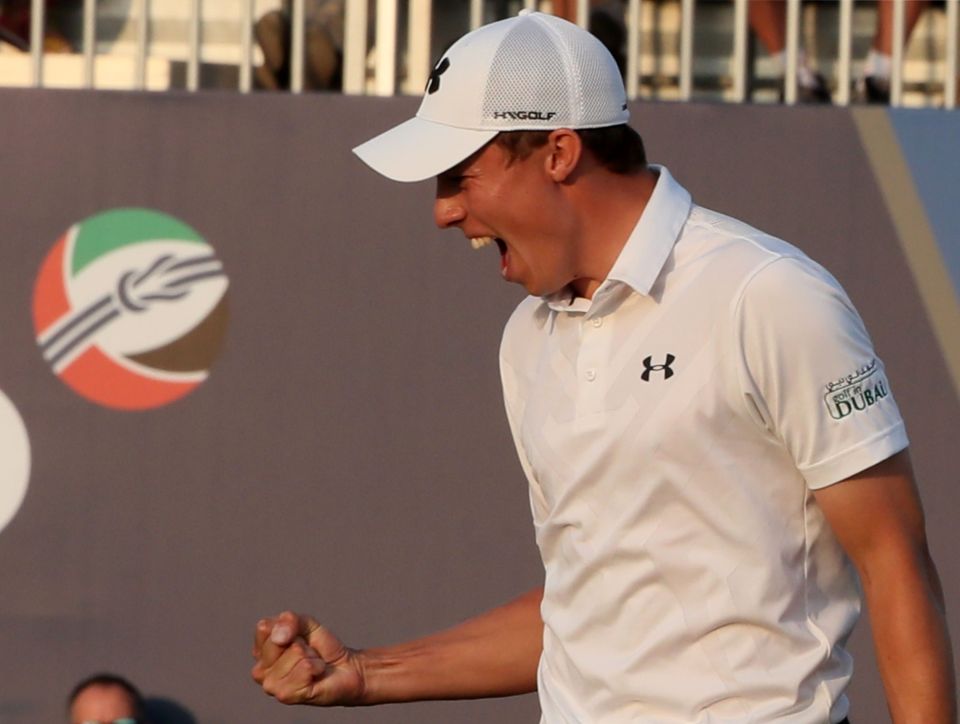 Matthew Fitzpatrick of England celebrates after winning the DP World Tour Championship at Jumeirah Golf Estates in Dubai