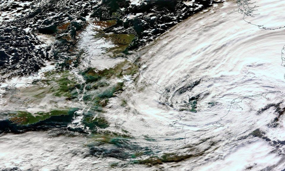  NASA image taken at midday on Sunday showing Storm Angus over the SE of England which brought hurricane force winds and heavy rain as it swept across southern Britain