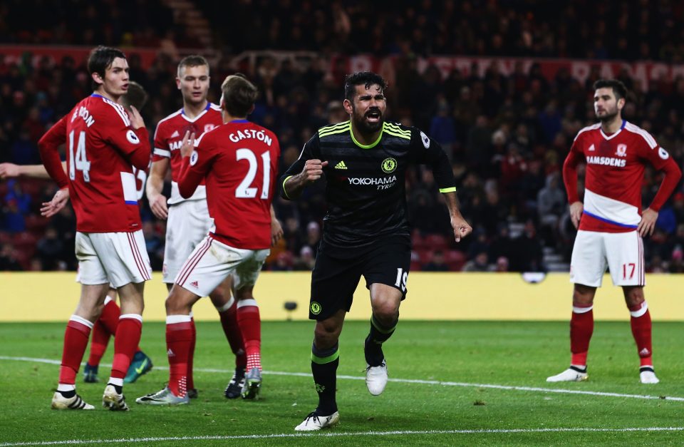  Diego Costa wheels away after netting what turned out to be the only goal of the game for Chelsea against Middlesbrough