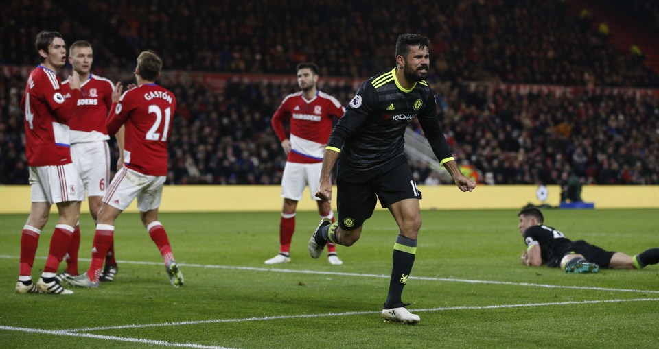  Diego Costa celebrates netting his tenth goal of the season against Middlesbrough