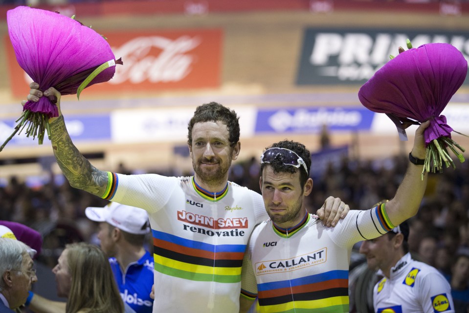  Olympic Gold medallist Britain's Bradley Wiggins, left, and Britain's Mark Cavendish celebrate winning the six day race at 't Kuipke velodrome in Ghent, Belgium,