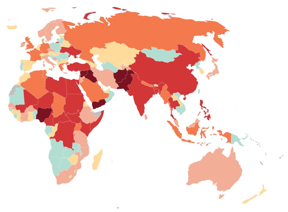  The Global Terrorism Index 2016 map shows the countries most impacted in terrorism in brown and those leat affected in mint green