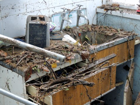  The living room was coated in thick sludge, with wrecked furniture piled up in the middle