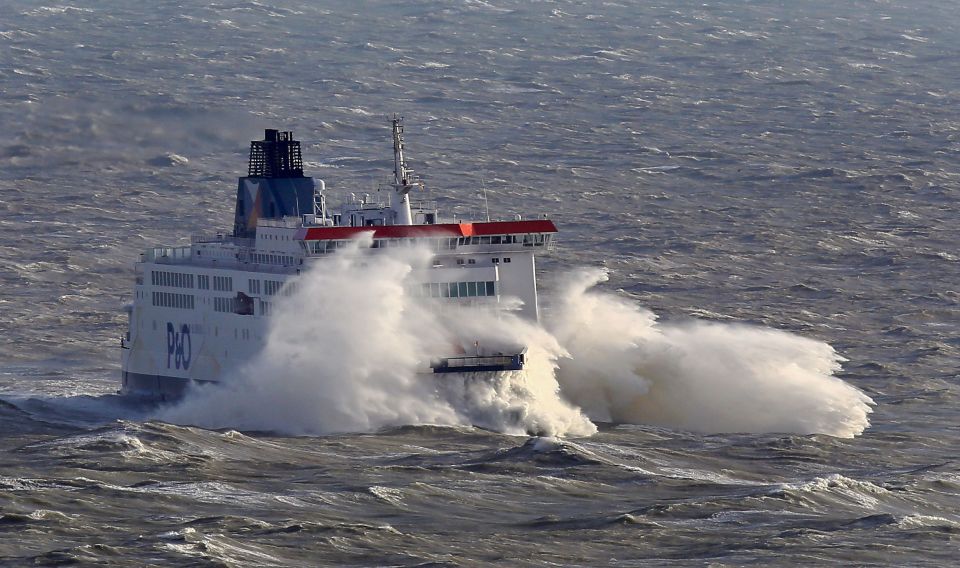  Another ferry, the P&O Pride of Canterbury, is battered by waves near Dover this morning