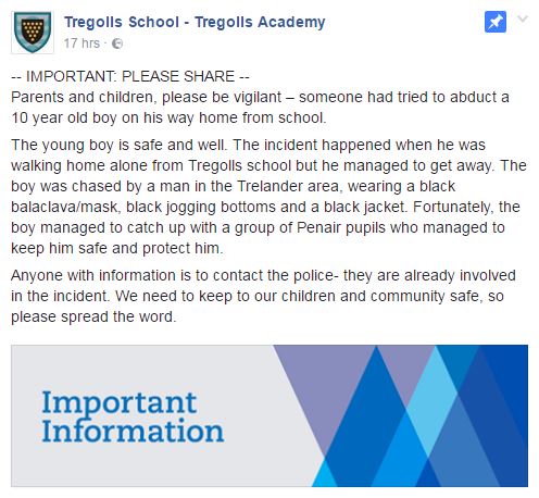  This was the Facebook message warning children and parents after the abduction attempt