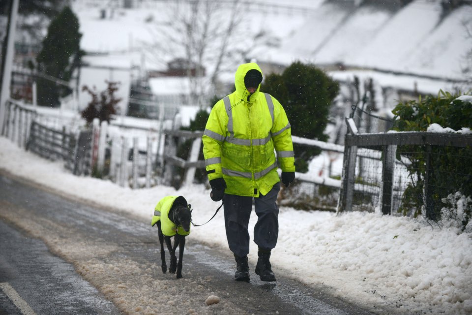  A dog walker braves the snowy conditions in the village of Wanlockhead, Dumfries and Galloway