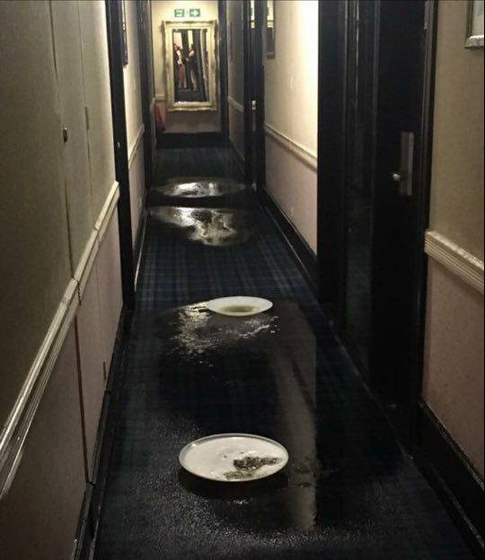  Light fittings could be seen on the soaking wet floor of the hotel following flooding