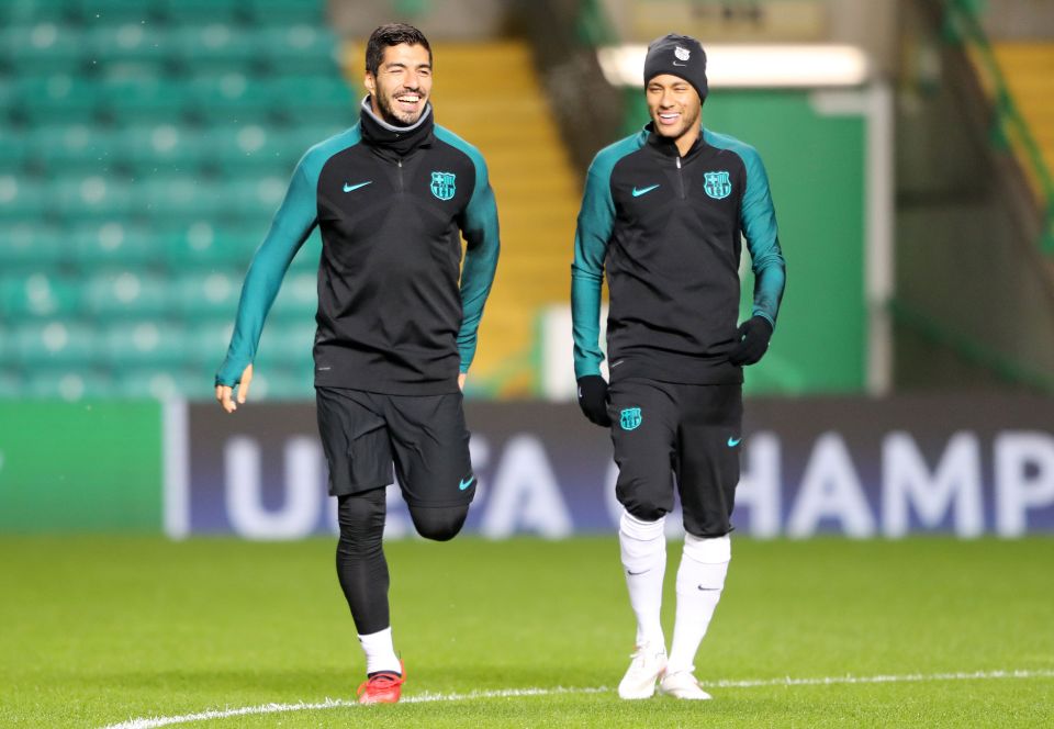  Luis Suarez and Neymar look to be in good spirits ahead of Barcelona's European clash