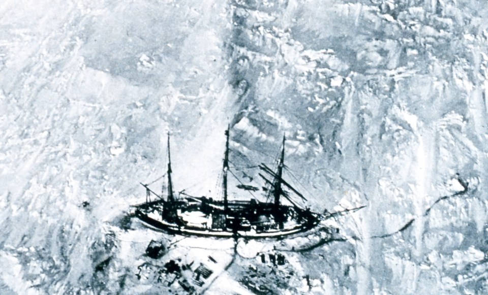  Aerial view of The Gauss in the ice during the German Antarctic Expedition. This picture was obtained from a balloon and is one of the first aerial photographs of the Antarctic environment